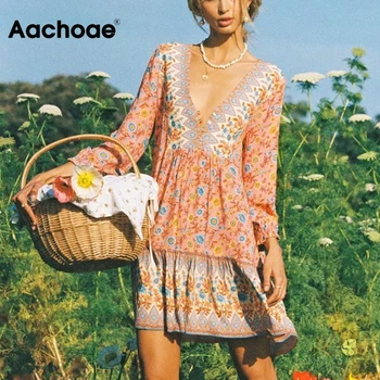 Aachoae Chic Sügav V Kaela Lahti Mini Kleidid Naiste Retro Floral Print Suvine Kleit Pikk Varrukas Boho Beach Kleit Daamid Sundresses