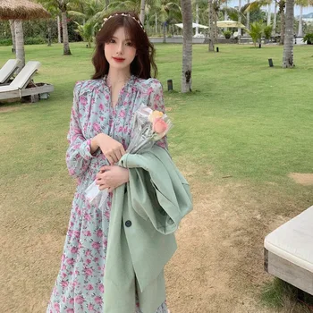 Pikad Varrukad Vingate Lilleline Naiste Kleit Disain Elegantne Vabaaja Midi Kleit Naine Beach Ühes Tükis Kleit Korea 2021 Summer Šikk