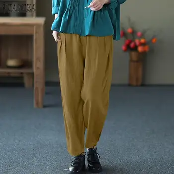ZANZEA Naiste Vintage Haaremi Püksid 2021 Kevadel Vabaaja Püksid Tahke Naeris Elastne Vöökoht Puuvill Palazzo Pikk Pantalon