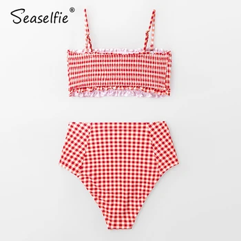 SEASELFIE Seksikas Punane Gingham Smocked Bikinis Set Supelrõivad Naiste Ujumistrikood trikoo 2021 Bandeau Kõrge vöökoht Bikiinid Beachwear