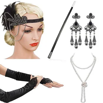 2021 Uus Disain Naiste cosplay peapaelad kaelakee kindad kõrvarõngas set flapper kostüüm 1920 Suur GATSBY Halloween Tarvikud