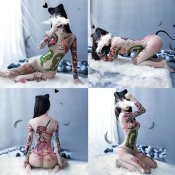 Naiste Erootilised Pikad Varrukad Semi-Sheer Bodystockings Seksikas Täis Tätoveering Katvus Bodysuit Catsuit Avatud Jalgevahe Retuusid Pesu