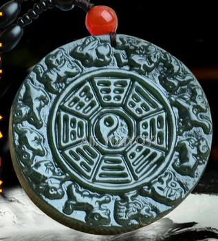 Ilus Looduslik Roheline HeTian Jade Nikerdatud Hiina Zodiac BaGua Õnnelik Ripats + Tasuta Köie Kaelakee Tõendi Trahvi Ehteid