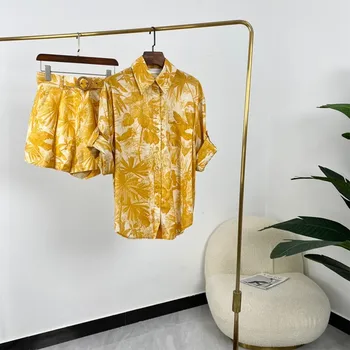 2021 Uus Suvine Naiste Moe Oranž lehe Print Lai jalg lühikesed Püksid, Ülikond, Lühikese Varrukaga Pluus Kõrge Kvaliteedi Daamid Rõivad Komplekt