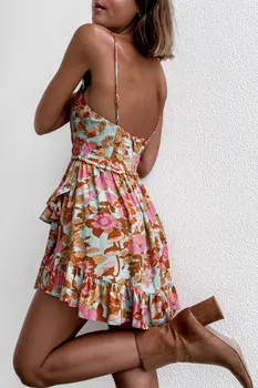 Casual Õie Boho Elegantne Prantsuse Naiste Kleit Roosa Lill Printida Bohemian Beach Stiil Suvel Mini Kleit Ruffled Backless 2021
