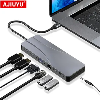 AJIUYU USB-C keskus Macbook Pro Õhu Triple Ekraani Tüüp C-Hub 4K Dual HDMI-VGA-Micro SD kaardilugejad RJ45 Aux PD USB Adapter