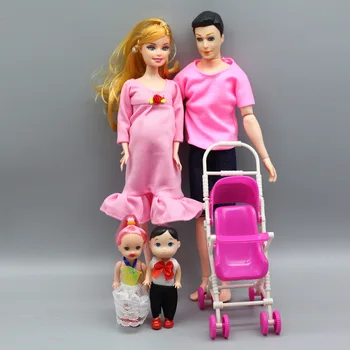 Nukud Pere 5 Inimest Nukud, Kostüümid 1Mom/1Dad /2 Väike Tüdruk Kelly /1Son/1Baby Vedu Tõeline Rase Mänguasju Barbie Kingitused