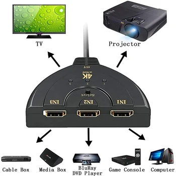 HDMI Switch, Adaptermvp kullatud 3-Port HDMI Vahetaja,Splitter,Toetab Täis-HD 4K 1080P 3D-Mängija, HD TV,LCD,ARVUTI,Projektor,Au