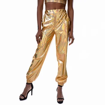 CUHAKCI Kuld Sörkimine Daamid Püksid Kõrge Vöökoht Püksid Naiste Streetwear Hip-Hop Pant Tütarlaste Tants Polüester Hõbe Clubwear