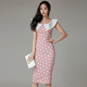 Suvel Uue Ametliku Kleit Elegantne Roosa Dot Trükitud V-kaeluse Slim Pilu, Pencil Dress Äri Tee 2021