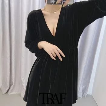TRAF Naiste Stiilne Mood Plisseeritud Velvet Mini Vintage Kleit Pikk Varrukas Elastne Vöökoht Naiste Kleidid Vestidos Mujer