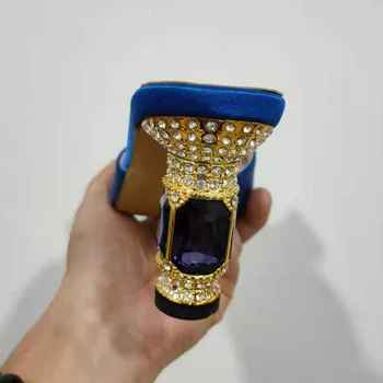 Sinine Luksuslik Satiin Rhinestone Sandaalid Naistele Avatud Varvas Crystal Liblikas Oksa Jewlled Kõrge Kontsaga Kingad Naine Toasussid Sussid