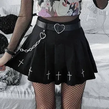 Must Kõrge Vöökoht Mini Seelikud Punk Plisseeritud Vintage Seelik Gooti Streetwear Risti Prindi Plisseeritud Naiste Seelikud Lolita Harajuku Seelik