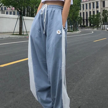 Valge Sinine Kontrasti Lahti Sörkimine Püksid Naiste Kõrge Vöökoht Pingutusnöör Püksid Vabaaja Püksid Naiste Korea Streetwear Püksid