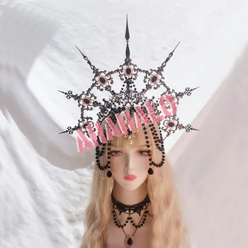 Halo Crown Lolita Jumalanna KC Neitsi Maarja Tume Aura Risti Tembitud Halo Peapael Must Rant Kett Crown Headpiece Tarvikud