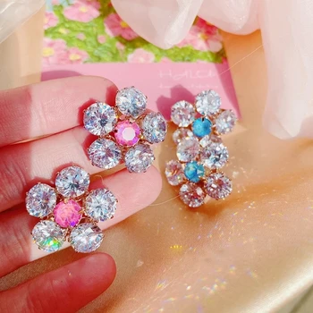Korea Magus Lihtne Crystal Sinine Roosa Lillega Kõrvarõngad Naiste Mood Elegantne Bijoux Oorbellen Pool Ehted
