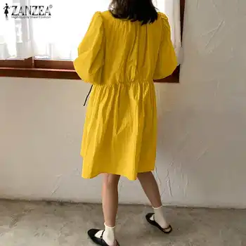 Elegantne Tahke Puhvis Varrukad Lühike Kleit Naiste Suvel Sundress ZANZEA 2021 Vabaaja Mini Vestidos Naine O Kaela Rüü