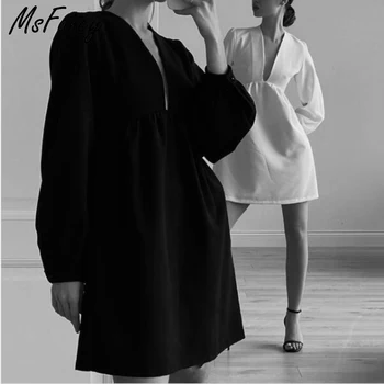Msfancy Suve Must Mini Kleit Naiste 2021 Elegantne Sügav V-kaelus Tuunika Vestido De Mujer korea Fashion Laterna Varruka Rüü