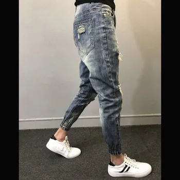 Hulgi-2020 teismelised Sotsiaalsete vaimu mees rebis püksid trendikad tiepants jalg jalga püksid pahkluu pikkusega teksad meeste slim haaremi püksid