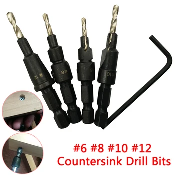 4tk 6# 8# 10# 12# 1/4 Hex Kiire vahetamine, Varre Countersink Kokkutõmmatud Drill Bit Koonus Hõõritsemine Drill Bit Set Puit Puidutööstuse Tööriistad