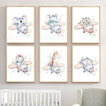 Väike Loom Sõidab Lennuk Cartoon Maali Laste Toas Seina Kaunistamiseks Maali Koala Elevant, Karu Kaelkirjak Canvas Poster