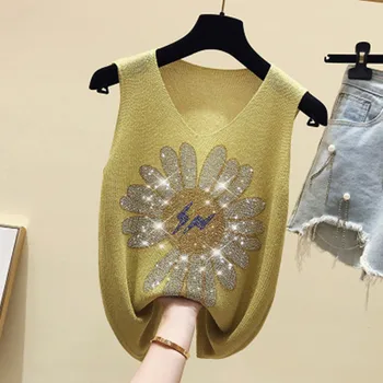 Kõrge Kvaliteediga Suvel Uus Silmkoelised T-särk Elegantne Daam Seksikas V-Kaelus Varrukateta Diamond Ice Siid Silmkoelised Mood Vest Top