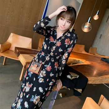 2020 Naiste Kleit Sügisel Vintage Sifonki Õie Trükitud Läbilöök Kleit Lahti V Kaela Slim Fit Korea Stiilis Kõrge Vöökoht Vestidos