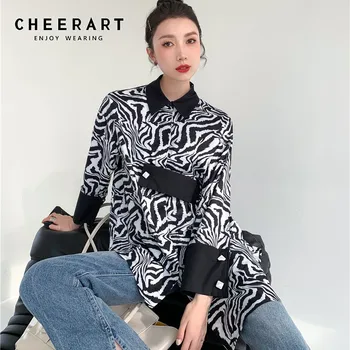 CHEERART Zebra Print Disainer Pikk Särk Naistele Asümmeetriline Top Ja Pluus Pikad Varrukad Nuppu, Kuni Krae Särk 2021 Mood