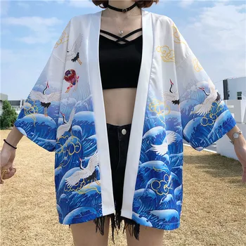 Must Valge Kraana Prindi Jaapan Uus-2020 Lahti Suvel Rannas Kampsun Naiste Harajuku Jaapani Kimono Stiilis Topid Pluus Riided