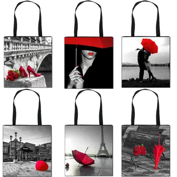 Fashion Red & Black Series Roosa Tikand Prindi Käepide Koti Kaasaskantav Vabaaja Ostukott Suure Mahutavusega Õlakott Reisi