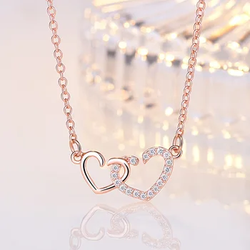 Romantiline Double Heart Kaelakee Clavicle Kett Eriline Tähendab, Heart-to-heart Naiste 925 Hõbe Ripats Kristallide Kaela Krae Ehted