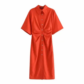 Naine Nupp-Up Midi Kleit Suvel Tahke Vintage-Särk, Kleit, Elegantne Naiste Lühikesed Varrukad Pikk Kleit Juhuslik Vestido De Mujer
