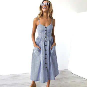 2021 Suvel Vintage Casual Sundress Naine Beach Kleit Midi Nuppu Backless Polka Dot Triibulised Naiste Kleit Boho Seksikas Lilleline Kleit