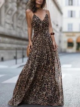 Naiste Puhkus Puhkus Maxi Kleit Mood Seksikas Leopard Printida Kleit Sifonki Spagetid Rihm V Kaela Beach Kleit