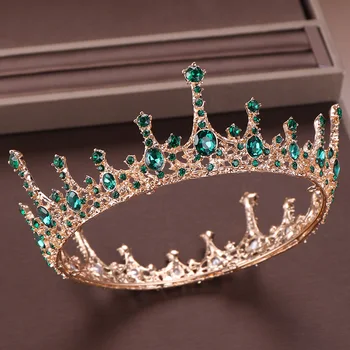 Vintage Barokk Roheline Ring Crystal Kuninganna Kroon Pulm Tiara Pruudi Diadem Kulla Värvi Headpiece Kleit Pulm Juuksed Tarvikud