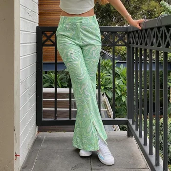 2021 Y2K Tie Dye Printimiseks Püksid Naiste Kõrge Vöökoht Roheline Summer Spring Fashion Tõmblukk Vintage Lai Jalg 90s Püksid Liiga Harajuku