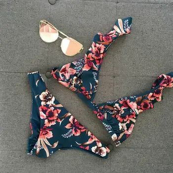 Kaks Tükki Naiste Lilleline Push-up (Polsterdatud Rinnahoidja Ruffles Sidemega Bikiinid Komplekti Kolmnurk Ujumistrikoo Supelrõivad trikoo Beachwear Biquini