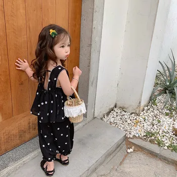 2021 Suvel korea Stiilis Beebi Tüdrukute Riided Komplekti Polka Dots Trükitud Topid Püksid 2tk Väikelapsed Lapsed Printsess Backless Varustus