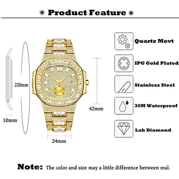 Täis Teemant 18k Gold Watch Meeste Hip-Hop Iced Out Veekindel Quartz Watch Roostevabast Terasest Mood Luksus Kell Montre Homme