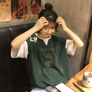 2021SS mood ülikond naiste uus korea üliõpilane pikkade varrukatega t-särk lahtine vest kaks-töö hip-hop freshing streetwear tops