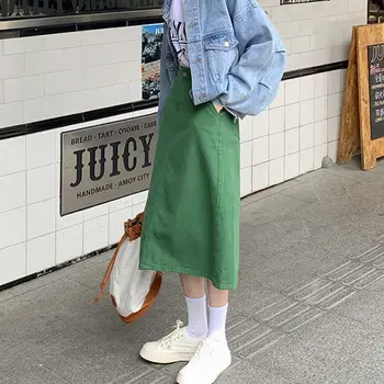 HOUZHOU Vintage Roheline Denim Seelik Naised Tagasi Pilu-line Pikk Seelik Kõrge Vöökoht Suvel Elegantne korea Fashion Harajuku Streetwear