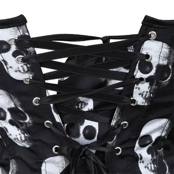 Gooti Skull Print Lace Up Konditustatud Overbust Korsett Vöö Cincher Body Shape Naiste Sexy Satiin Korsetid Bustiers Pesu Peal