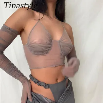 Tinastyle Läbi Näha Õhuke Võrgusilma Seksikas Crop Top Naiste Must Backless Sidemega Lühikese Pool Tank Top Daamid Klubi Suvel Tops Tees