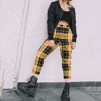 Ruuduline Naiste Püksid Streetwear Lahe Tüdruk Kõrge Vöökoht haaremi Püksid sweatpants joggers naiste cargo püksid higi-korea pantalon