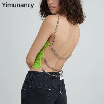 Yimunancy Kett Backless Top Naiste Kärbitud Spaghett Rihm Top 2021 Kevadel Roheline Silmkoelised Camisole Top Streetwear