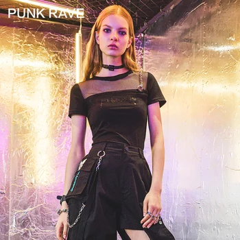 PUNK RAVE Tüdruk on Punk Silma Õõnes Välja Pleisse Asümmeetrilise Top Suvel Prindi Lühikesed Varrukad Isiksuse T-särk Naistele