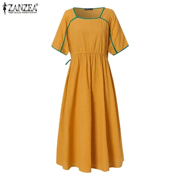 ZANZEA Vintage Tahke Vestidos Naiste 2021 Suvine Pikk Kleit Vabaaja Puuvillane Pesu Square Krae Rüü Lady Lühikese Varrukaga Kleidid