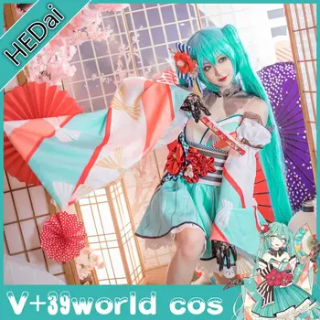 Anime Vocaloid 39 Maailma Miku Cosplay Kostüüm Täis Komplekti Naine Kleit+Kindad+Peakatet+Ventilaator+Parukas