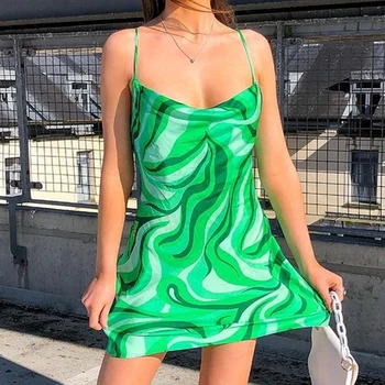 Naiste Mood Sulin Trükkimine Roheline Kleit Daamid Suvel Seksikas Backless Suspender-line Lühike Kleit