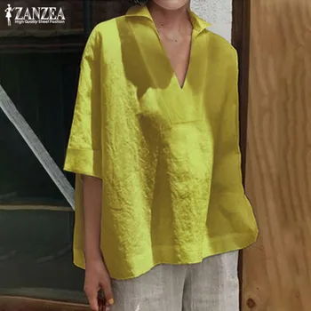 2021 ZANZEA seal kaftan Vabaaja V kaela Tuunika Naiste Suvine Fashion Pluus 3/4 Varrukad Naiste Särgid Tahke Tööd Blusas Pluss Suurus Kleit